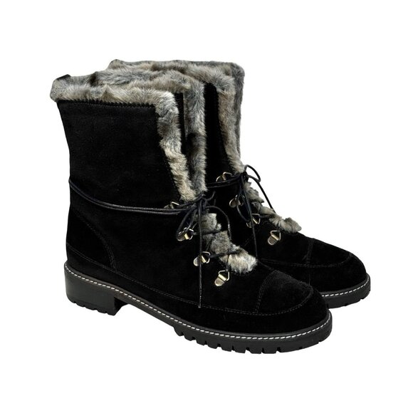Stuart Weitzman Luge Bootie SZ 9 Fur Lined Lace Up Black Suede Winter Flat Warm - Picture 2 of 14